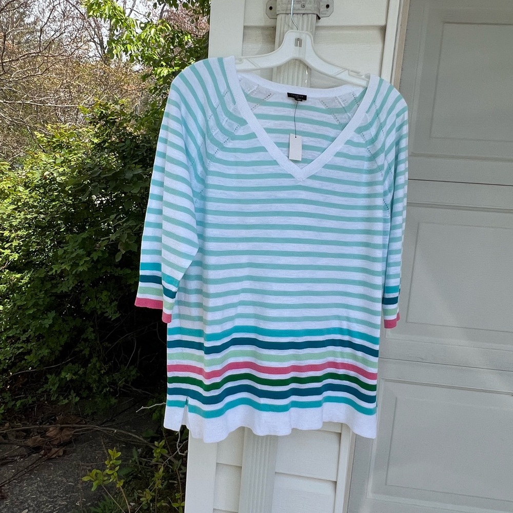 NWT Talbots Pretty White Aqua Multicolor Stripe Hem V-neck Cotton Sweater - Picture 1 of 3